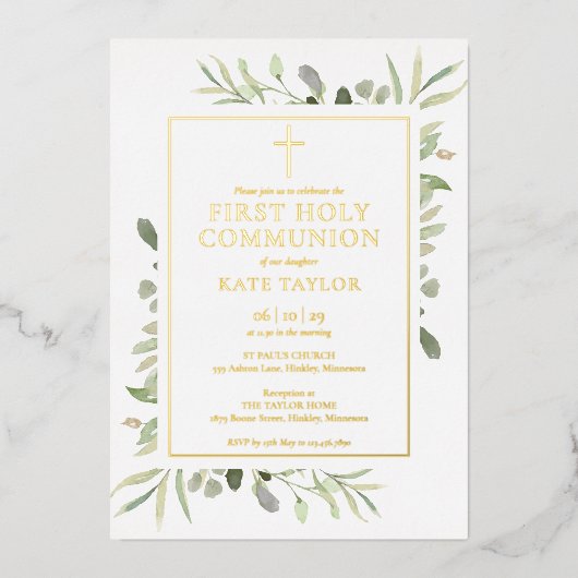 Greenery First Holy Communion Gold Folieneinladung (Vorderseite)