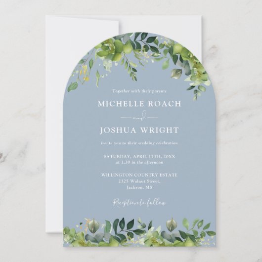 Greenery Floral Arch Dusty Blue Monogram Wedding Einladung (Vorderseite)