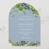 Greenery Floral Arch Dusty Blue QR Code Wedding Einladung (Vorne/Hinten)