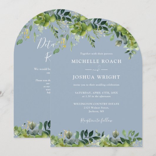Greenery Floral Arch Dusty Blue QR Code Wedding Einladung (Vorne/Hinten)