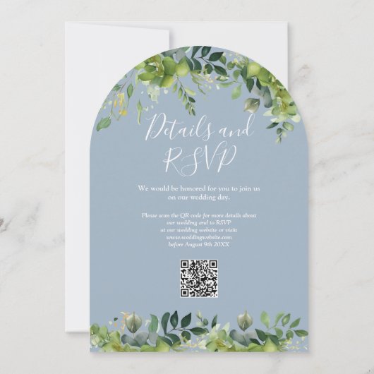 Greenery Floral Arch Dusty Blue QR Code Wedding Einladung (Rückseite)