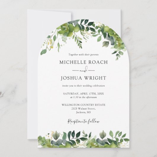 Greenery Floral Arch Moderne QR Code Hochzeit Einladung (Vorderseite)