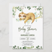 Greenery Floral Boy Niedlich Sloth Baby Dusche Einladung (Vorderseite)