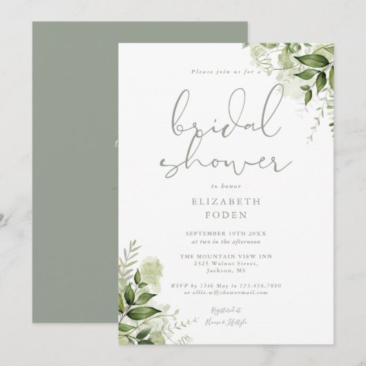 Greenery Floral Brautparty Sage Green Einladung (Vorne/Hinten)