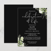 Greenery Floral Celebration of Life Memorial Ankündigungspostkarte (Vorne/Hinten)