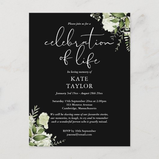 Greenery Floral Celebration of Life Memorial Ankündigungspostkarte (Vorderseite)