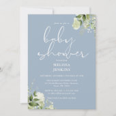 Greenery Floral Dusty Blue Boy Baby Shower Einladung (Vorderseite)