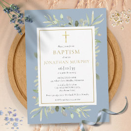 Greenery Floral Dusty Blue Boy Taufe Einladung