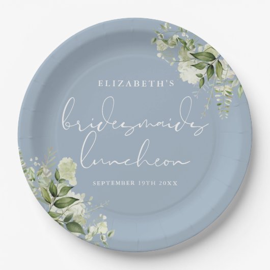 Greenery Floral Dusty Blue Bridesmaids Luncheon Pappteller (Vorderseite)