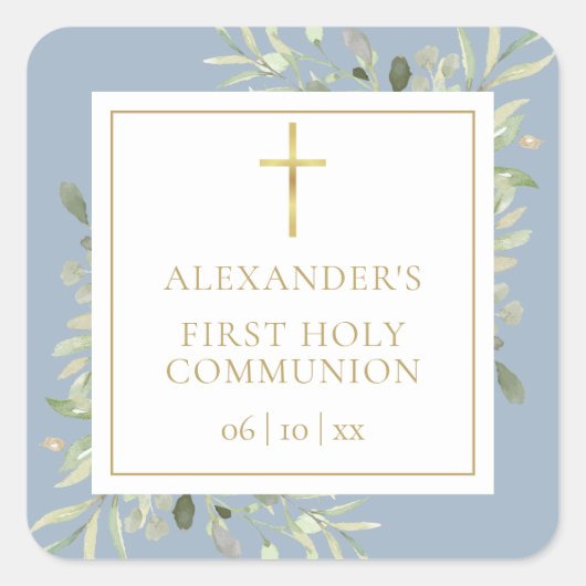 Greenery Floral Dusty Blue First Holy Communion Quadratischer Aufkleber (Vorderseite)