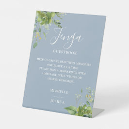 Greenery Floral Dusty Blue Jenga Wedding Gästebuch Sockelschild