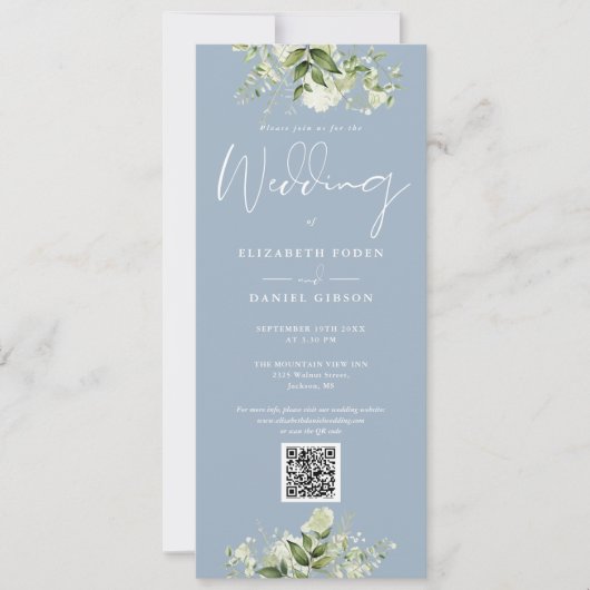 Greenery Floral Dusty Blue QR Code Wedding Einladung (Vorderseite)
