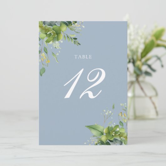 Greenery Floral Dusty Blue Tischnummer (Stehend Vorderseite)