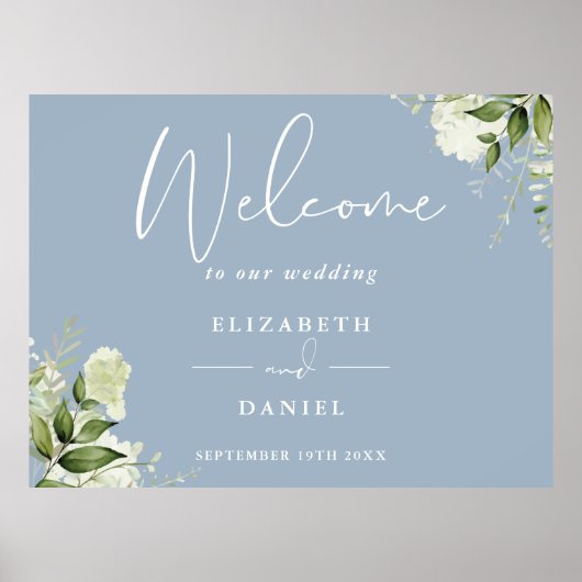 Greenery Floral Dusty Blue Wedding Welcome Sign Poster (Vorne)