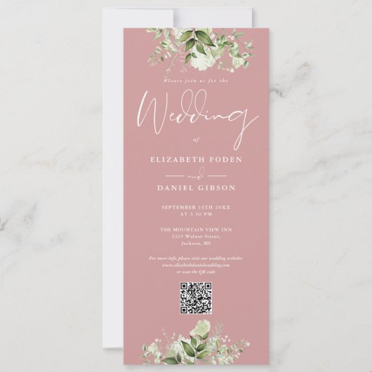 Greenery Floral Dusty Rose QR Code Wedding Einladung (Vorderseite)