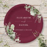 Greenery Floral Elegant Burgundy Wedding Pappteller<br><div class="desc">Elegant floral greenery burgundy wedding paper plate personalized with your names and special wedding date. Designed by Thisisnotme©</div>