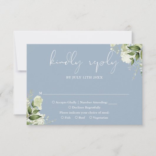 Greenery Floral Elegant Dusty Blue Wedding RSVP Karte (Vorderseite)