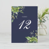 Greenery Floral Elegant Navy Blue Tischnummer (Stehend Vorderseite)