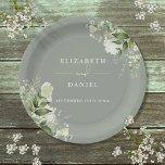 Greenery Floral Elegant Sage Green Wedding Pappteller<br><div class="desc">Elegante Blumengrün Salbeigrün Hochzeitspapiere personalisiert mit Ihren Namen und besonderen Hochzeitstag. Entwickelt von Thisisnotme©</div>