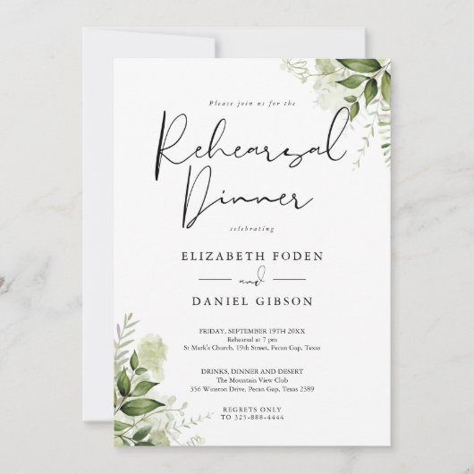 Greenery Floral Elegante Probe Abendessen Einladung (Vorderseite)