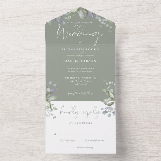 Greenery Floral Elegante Script Sage Green Wedding All In One Einladung (Innen Boden)