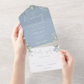 Greenery Floral Elegantes Script Dusty Blue Weddin All In One Einladung (Abreißen)