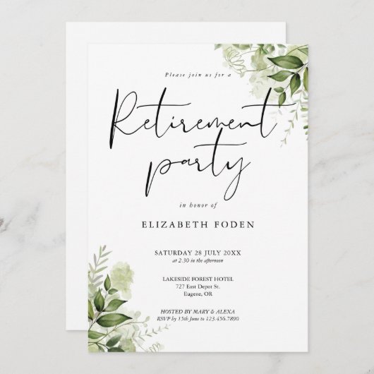 Greenery Floral Elegantes Script Retirement Party Einladung (Vorne/Hinten)
