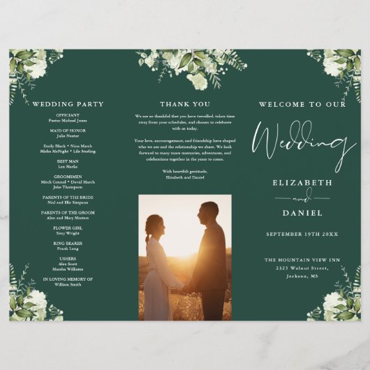 Greenery Floral Emerald Trifold Wedding Program Flyer (Vorne)