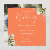 Greenery Floral Foto Coral Square Wedding Einladung (Vorne/Hinten)