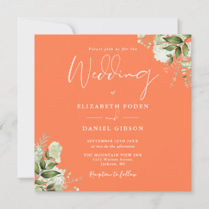 Greenery Floral Foto Coral Square Wedding Einladung