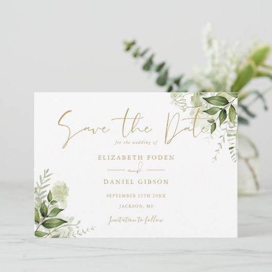 Greenery Floral Foto Gold Script Save The Date (Stehend Vorderseite)
