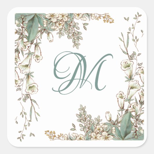 Greenery Floral Garland Script Monogram Elegant Quadratischer Aufkleber (Vorderseite)