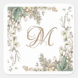 Greenery Floral Garland Script Monogram Elegant Quadratischer Aufkleber