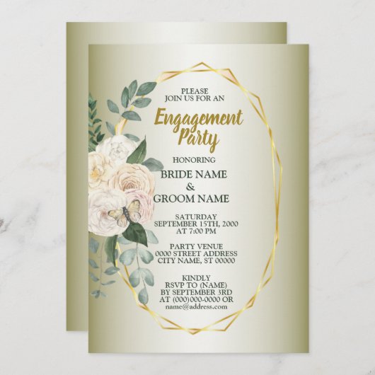Greenery Floral Gold Geometric Engagement Party Einladung (Vorne/Hinten)