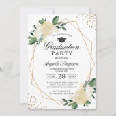 Greenery Floral Gold Geometric Graduation Party Einladung (Vorderseite)