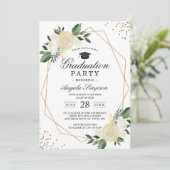 Greenery Floral Gold Geometric Graduation Party Einladung (Stehend Vorderseite)