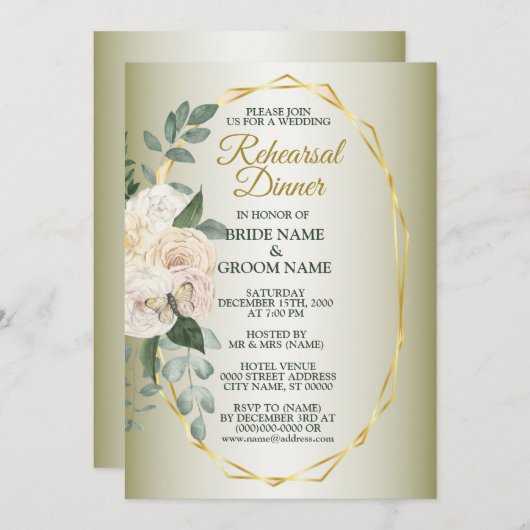 Greenery Floral Gold Geometric Rehearsal Dinner Einladung (Vorne/Hinten)