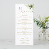 Greenery Floral Gold Monogram Wedding Dinner Menükarte (Stehend Vorderseite)