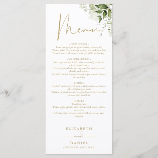 Greenery Floral Gold Monogram Wedding Dinner Menükarte (Vorderseite)