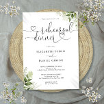 Greenery Floral Heart Script Rehearsal Dinner Einladung<br><div class="desc">Elegant greenery floral heart script rehearsal dinner invitation featuring your names and rehearsal dinner details set in chic text. Designed by Thisisnotme©</div>