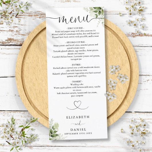 Greenery Floral Heart Script Wedding Dinner Menükarte