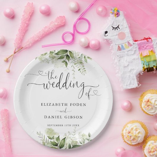 Greenery Floral Heart Script Wedding Pappteller (Party)