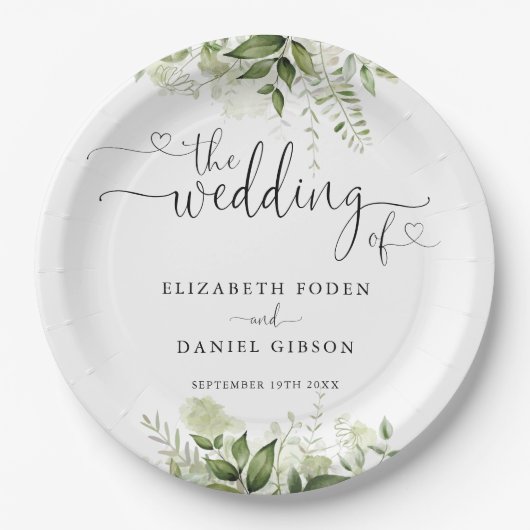 Greenery Floral Heart Script Wedding Pappteller (Vorderseite)