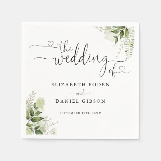 Greenery Floral Heart Script Wedding Serviette (Vorderseite)