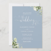 Greenery Floral Hearts Script Dusty Blue Wedding Einladung (Vorderseite)