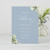 Greenery Floral Hearts Script Dusty Blue Wedding Einladung (Stehend Vorderseite)