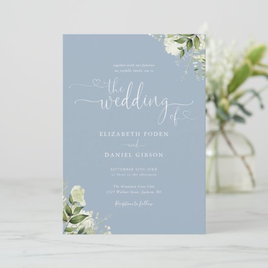 Greenery Floral Hearts Script Dusty Blue Wedding Einladung (Stehend Vorderseite)