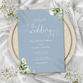 Greenery Floral Hearts Script Dusty Blue Wedding Einladung