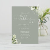 Greenery Floral Hearts Script Sage Green Wedding Einladung (Stehend Vorderseite)