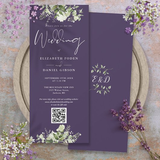 Greenery Floral Lila QR Code Wedding Einladung